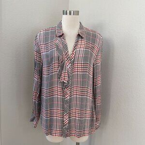 J Jill Womens XL Plaid Ruffle Front Button Up Blouse Long Sleeve Shirt Top